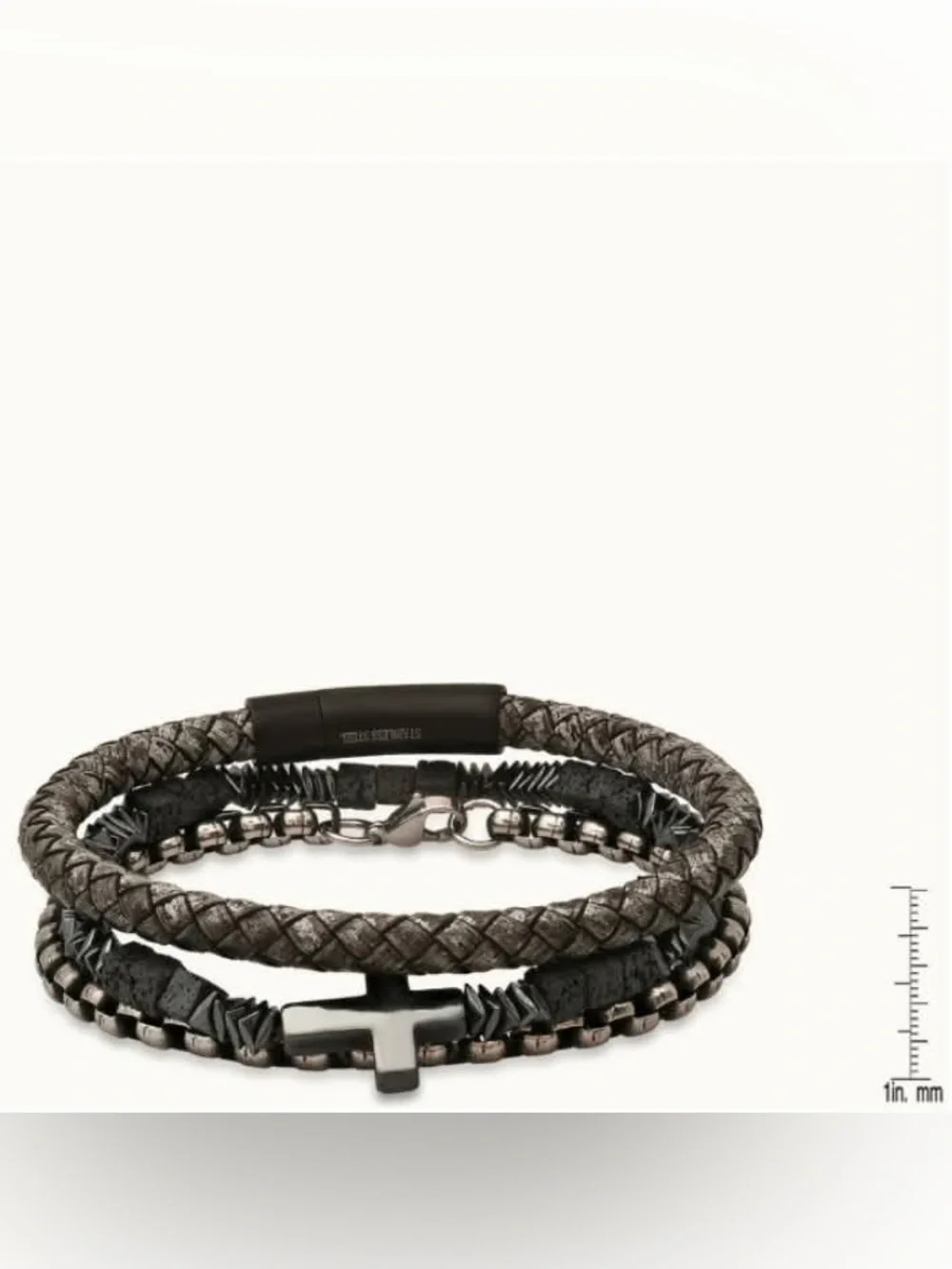 NWOT Gray Braided Leather/Black Ip Stainless Steel, Stainless Steel Round Link